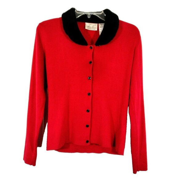 Kathie Lee Collection Vintage Cardigan Sweater S Red Black Faux Fur Button Front - Picture 6 of 6
